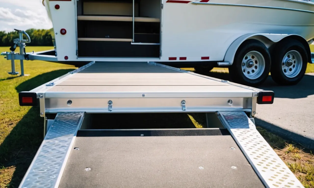 A photo capturing the sturdy handrail of a boat trailer steps, providing safe and secure access to the boat, while showcasing the sleek design and functionality of the steps.