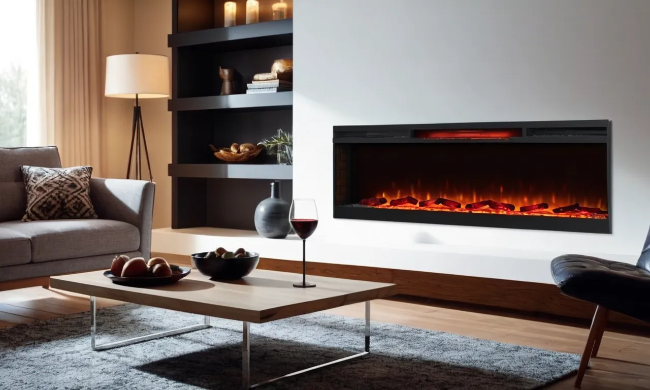 A close-up shot of a modern living room with a sleek electric fireplace insert, radiating a warm glow, providing both cozy ambience and efficient heating.