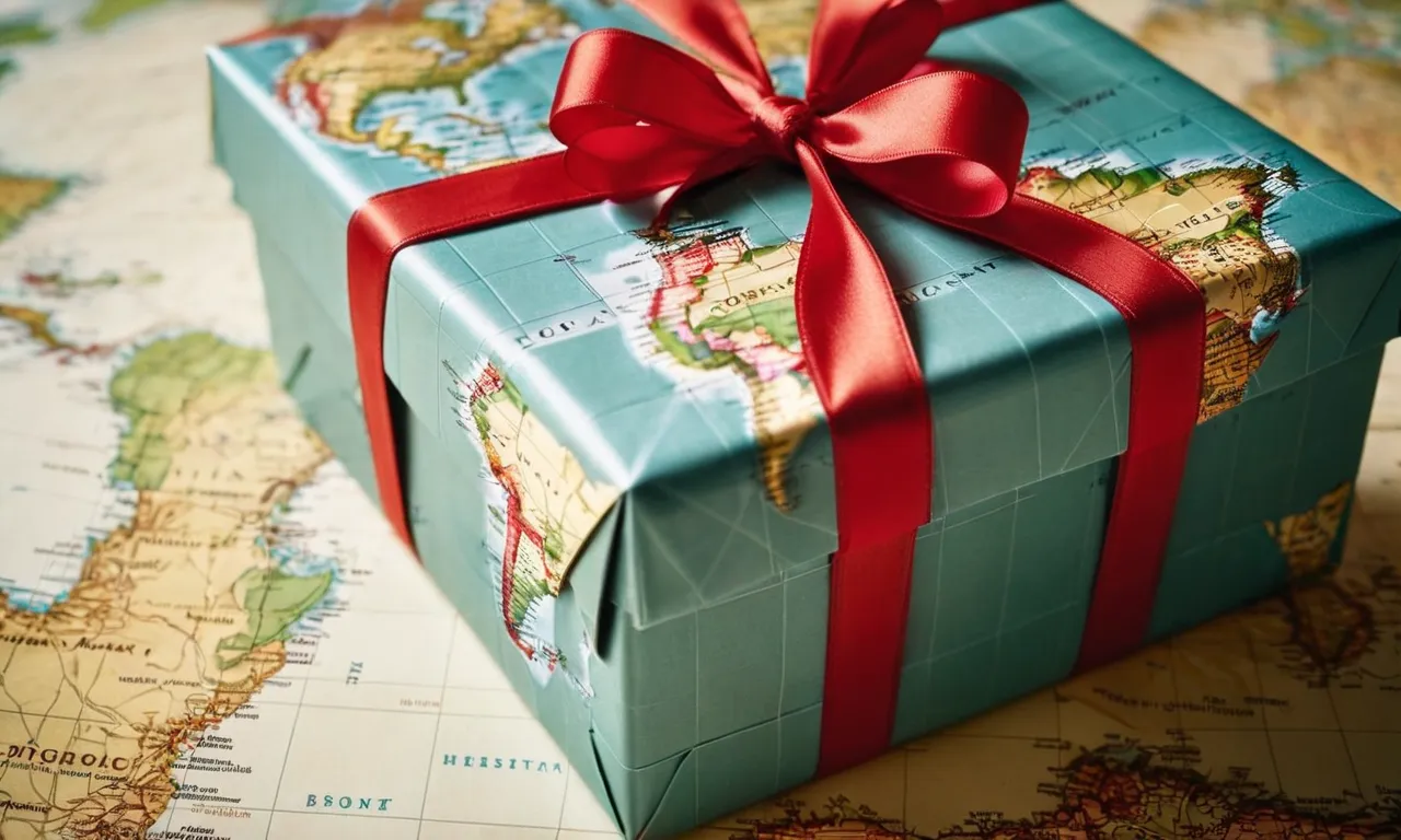 A beautifully wrapped package, adorned with a red ribbon, sits atop a world map. The photo captures the essence of love and distance, symbolizing the best gifts for a long distance girlfriend.