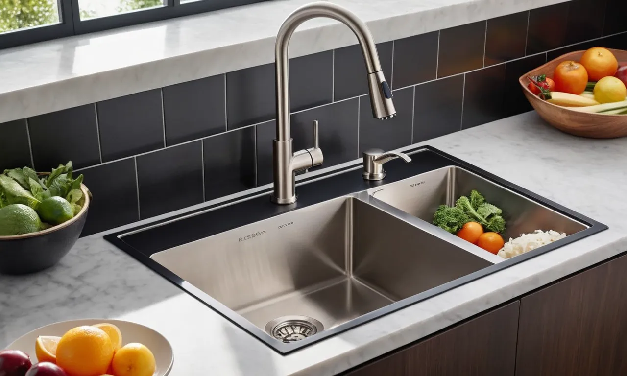 A close-up shot capturing a sleek, stainless steel garbage disposal unit seamlessly integrated into a modern kitchen sink, showcasing its efficiency and durability.