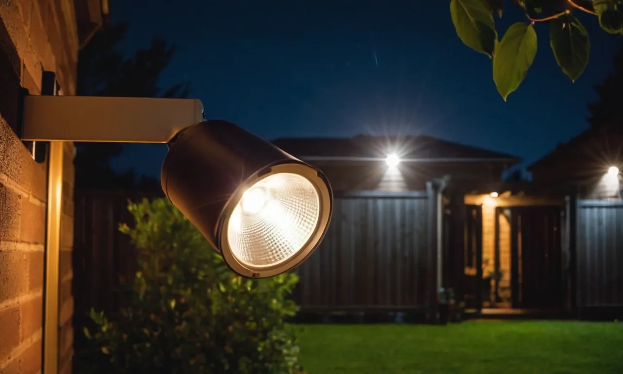 A vivid photo captures a motion sensor security light illuminating a dark backyard, providing a sense of safety and security with its powerful and efficient lighting capabilities.