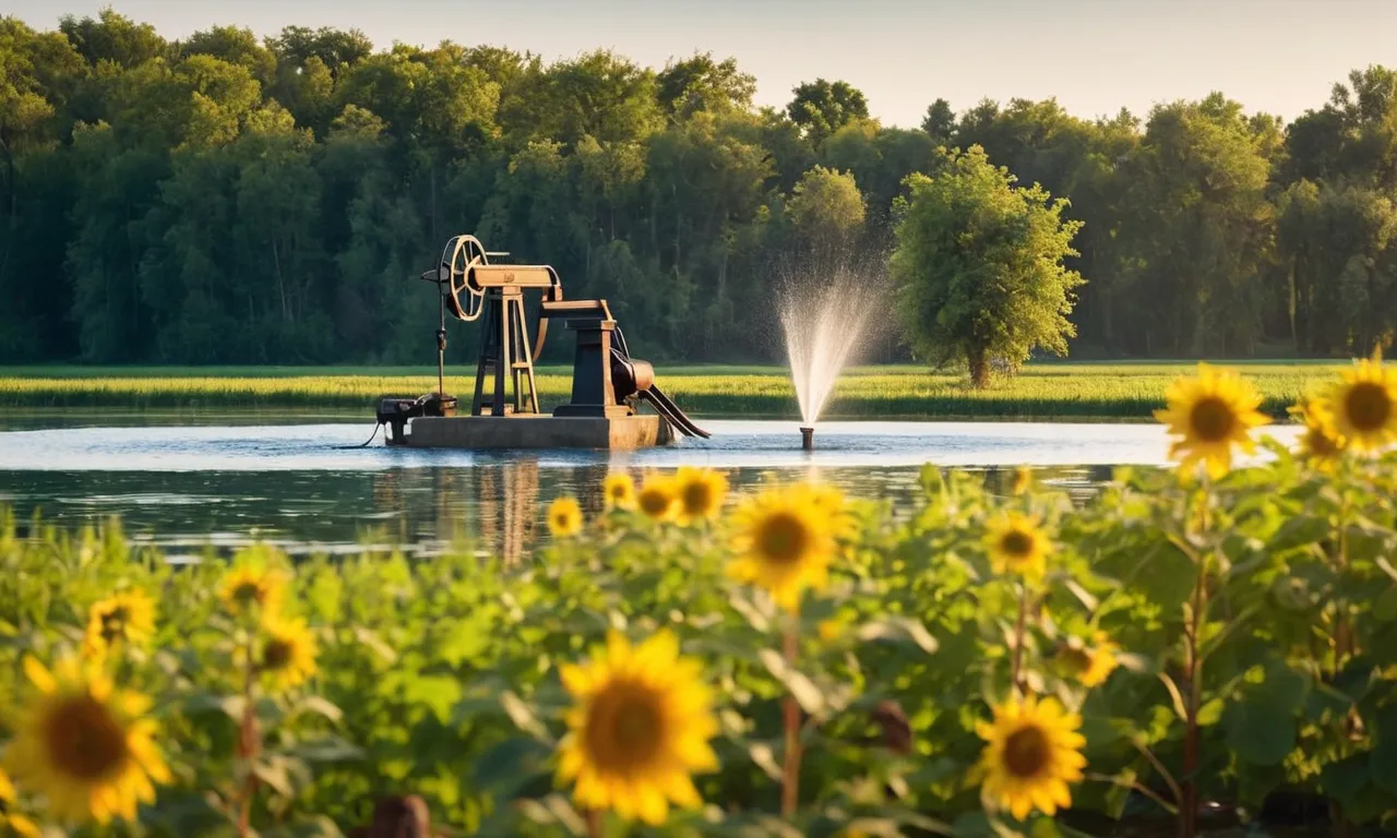 A vibrant image capturing a powerful water pump nestled by the peaceful lake, showcasing its efficiency and reliability in providing irrigation for lush green fields nearby.