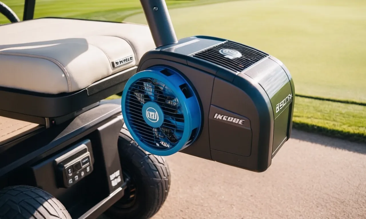 A close-up shot of a sleek, compact cooling fan seamlessly mounted on a golf cart, providing optimal airflow and comfort during hot summer rounds on the course.