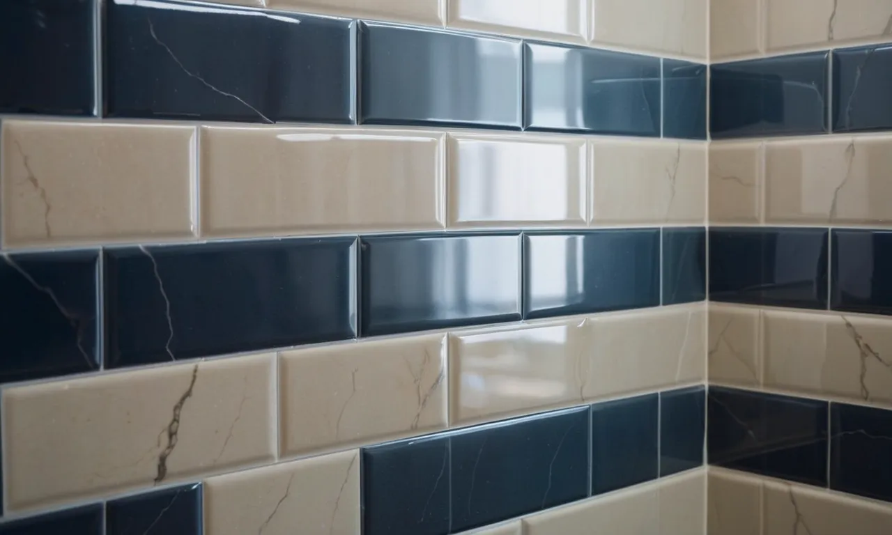 A close-up shot of a sleek, modern shower wall covered in glossy ceramic tiles, showcasing their durability and sophisticated look.