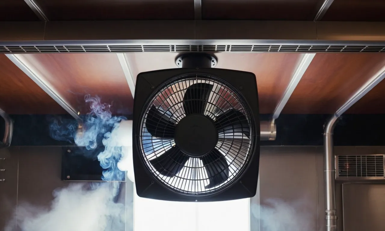 A close-up shot capturing the sleek design of a powerful exhaust fan installed in a smoking room, effectively removing smoke and ensuring optimal ventilation.