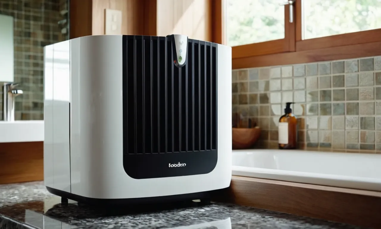 A close-up shot of a sleek, compact dehumidifier placed on a bathroom countertop, effectively removing excess moisture from the air without the need for a vent, ensuring a dry and comfortable environment.
