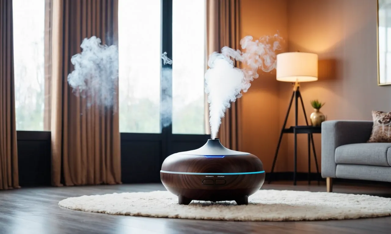 A photo showcasing a large, elegantly designed air diffuser placed in the center of a spacious room, gracefully dispersing fragrant mist to create a soothing and refreshing atmosphere.