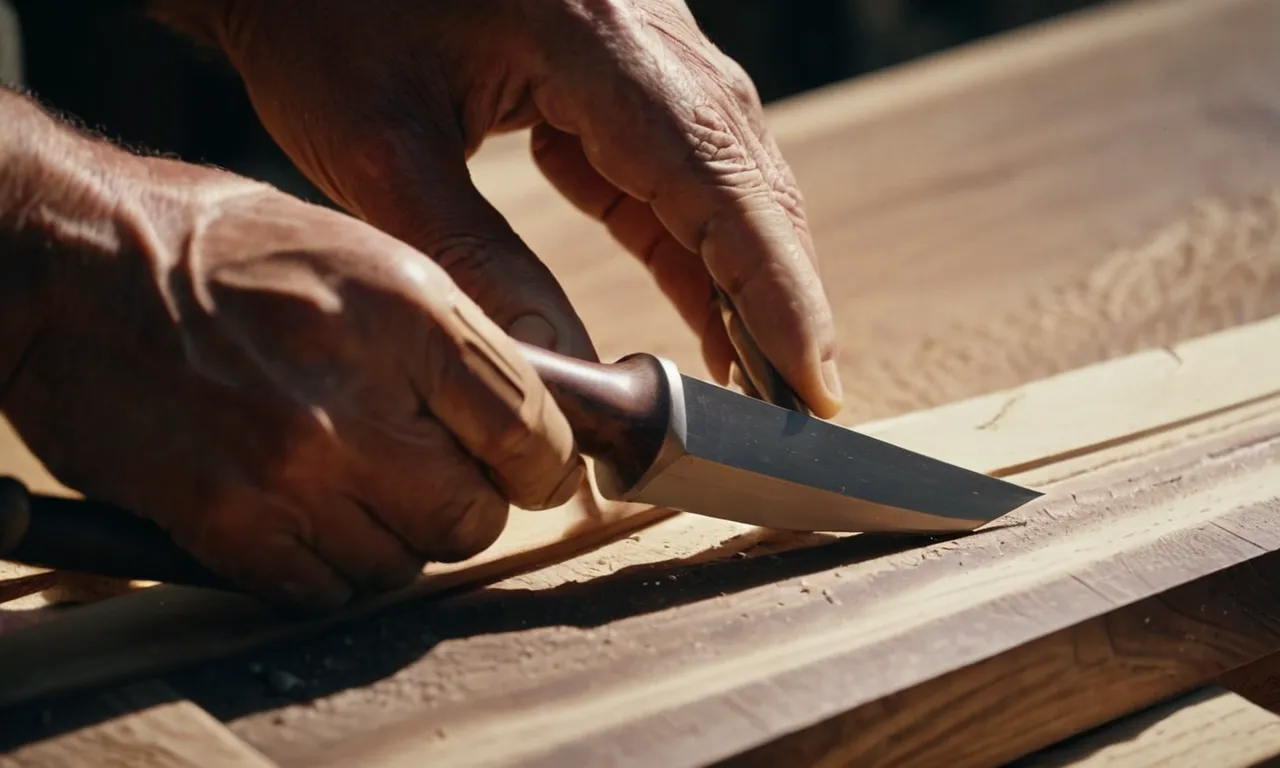 A close-up image captures a beginner woodcarver's hands delicately maneuvering a set of sharp chisels and gouges, revealing the intricate details of a wooden sculpture taking shape.