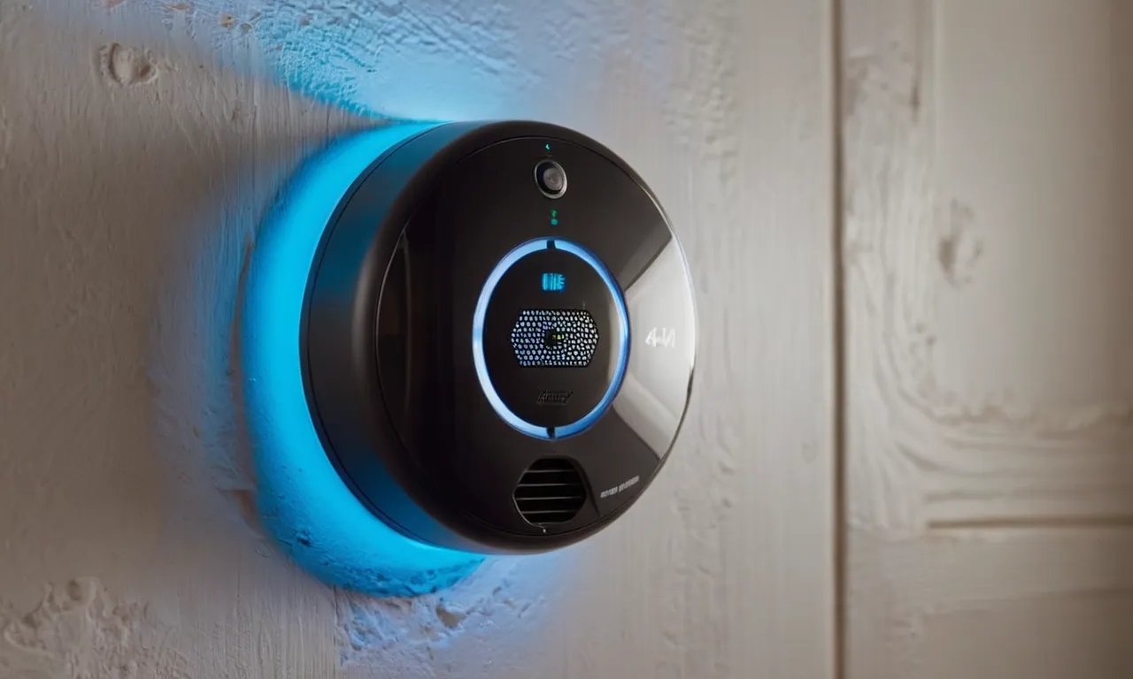 A close-up shot of a sleek, modern smart smoke and carbon monoxide detector mounted on a wall, displaying a clear digital interface and emitting a soft blue glow for added visibility.