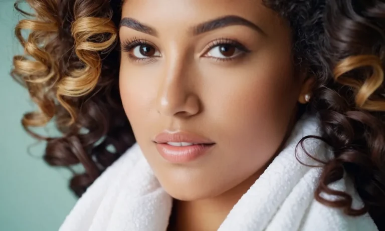 A close-up shot of a luxurious, soft microfiber towel draped over a woman's curly hair, showcasing its exceptional absorbency and gentle care for maintaining defined curls.