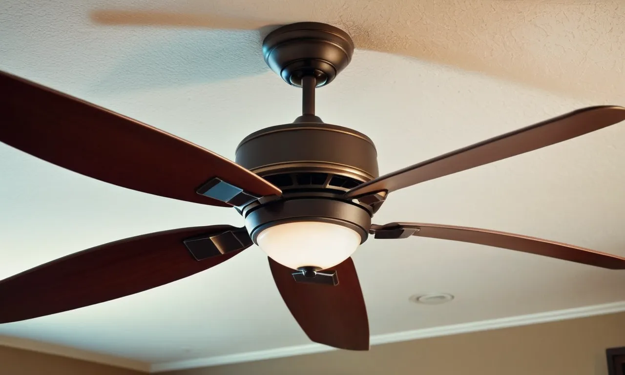 A close-up shot of a sleek, modern 48-inch ceiling fan with a built-in light fixture, casting a soft, warm glow, perfect for illuminating any room while providing optimal cooling.