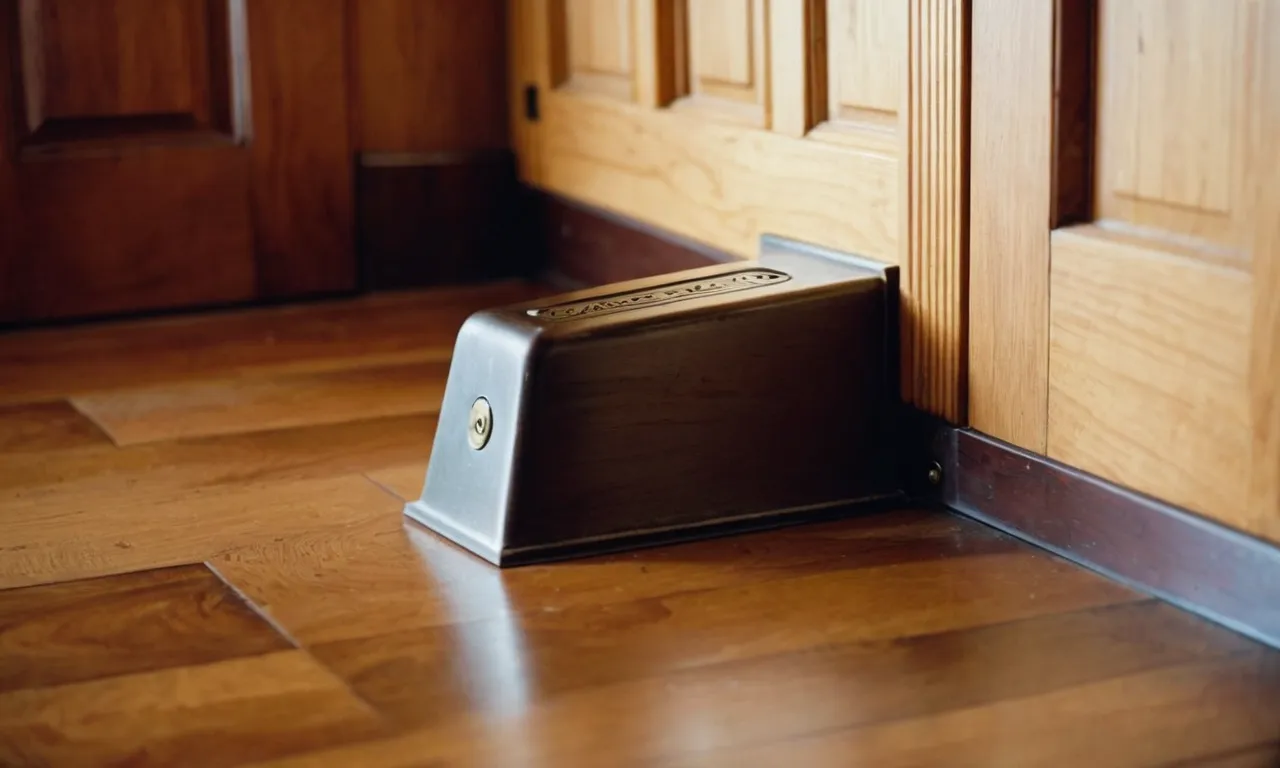 A close-up photo capturing a sturdy, metallic door stopper wedged firmly under a heavy wooden door, showcasing its durability and effectiveness in preventing the door from closing or slamming shut.