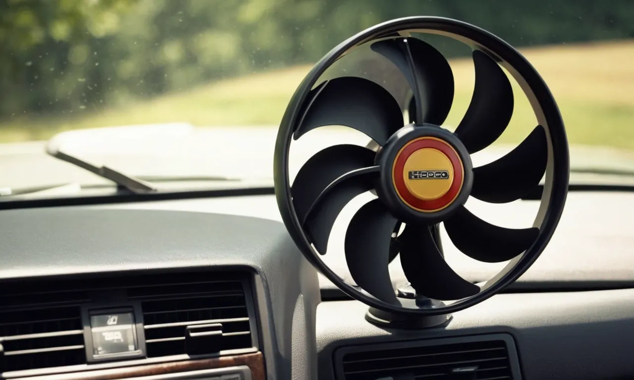 A close-up shot of a sleek and compact fan securely attached to a car's dashboard, providing a refreshing breeze on a scorching summer day.