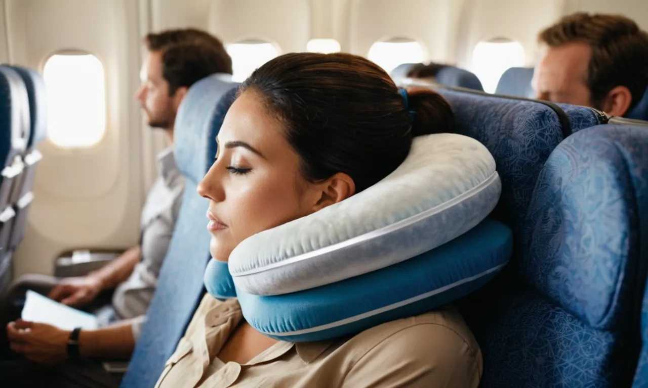 A close-up shot of a traveler resting peacefully on a plane, with a plush, ergonomic travel pillow supporting their neck, providing comfort and relief from neck pain.