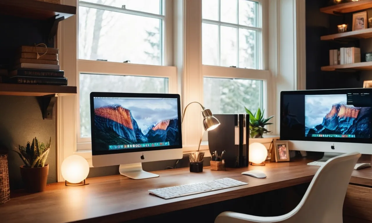 A beautifully lit home office captures the essence of productivity. The photo showcases a well-lit workspace, bathed in the warm glow of energy-efficient LED light bulbs, creating a calm and inviting atmosphere.