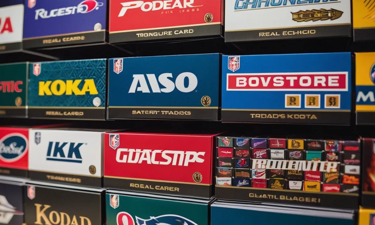 A close-up image showcasing a neatly stacked assortment of vibrant trading card boxes, displaying popular sports logos and featuring exclusive limited edition cards.