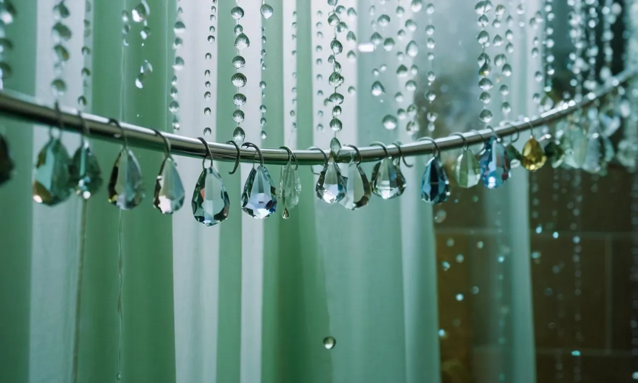 A close-up shot of a shower curtain liner glistening with crystal clear drops of water, showcasing its exceptional mildew-resistant properties and maintaining a pristine bathroom environment.
