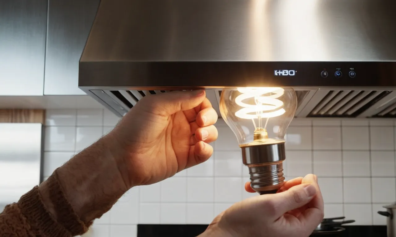 A close-up photo of a hand replacing a burnt-out light bulb in a sleek and modern range hood, showcasing the importance of proper lighting in kitchen ventilation.
