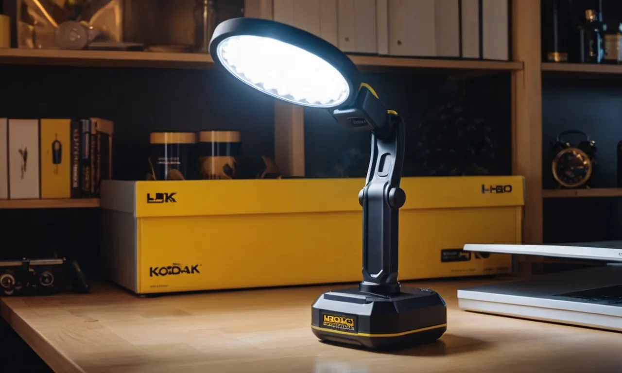 A photo of a bright and powerful rechargeable LED work light with a magnetic base, illuminating a dimly lit workspace, providing convenience and versatility for various tasks.
