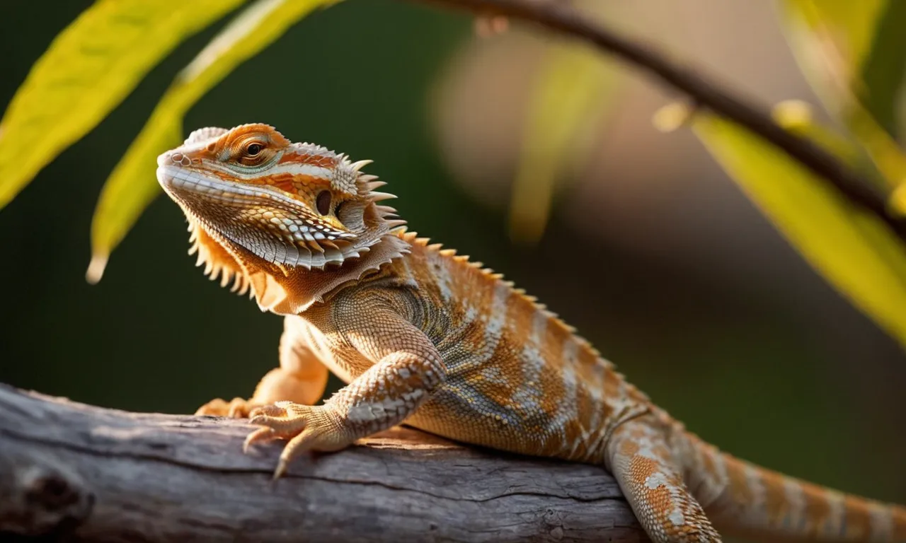 A close-up shot capturing a bearded dragon perched on a branch, bathed in warm, golden sunlight that illuminates its vibrant scales and showcases the optimal basking conditions for the reptile.