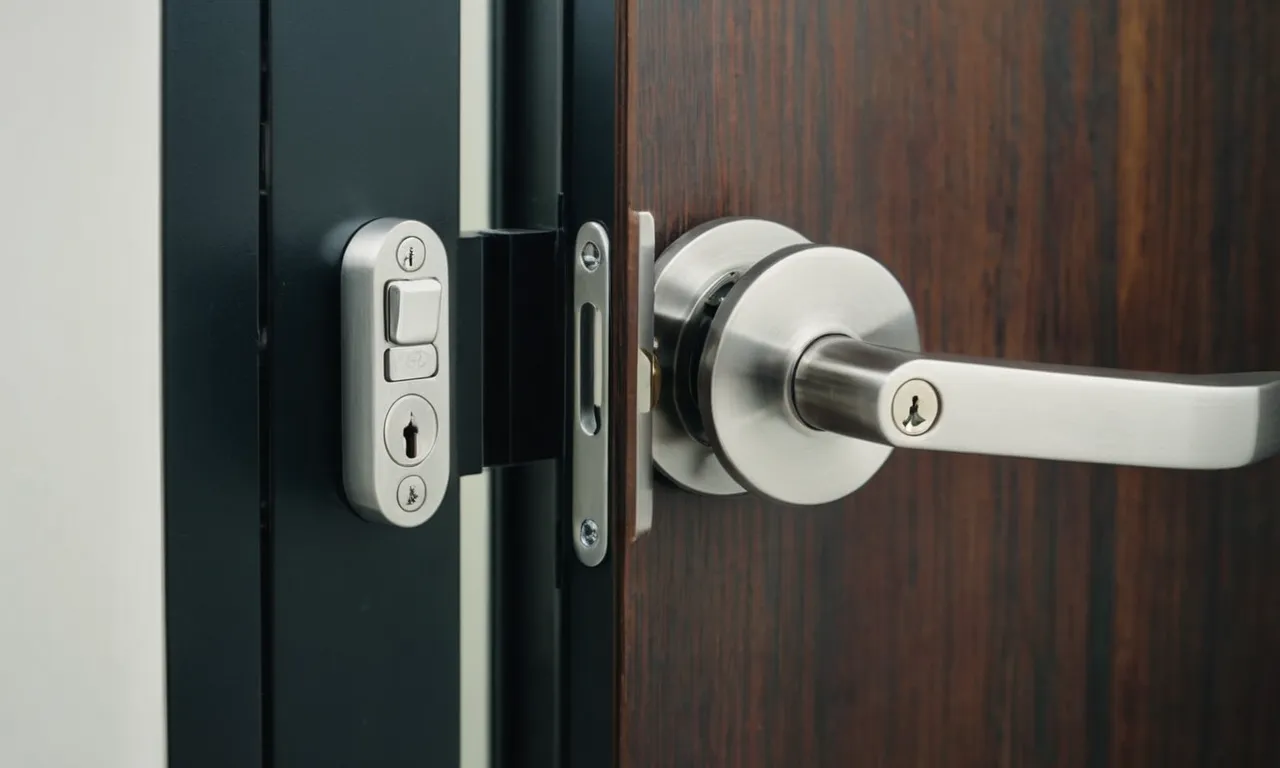 A close-up shot of a sturdy, stainless steel sliding glass door lock, showcasing its advanced mechanism and sleek design, ensuring maximum security and peace of mind.