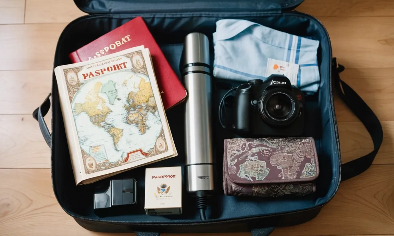 A close-up shot of a compact, lightweight clothes steamer neatly packed in a travel bag, surrounded by a passport, a world map, and folded clothes, symbolizing convenience and efficiency for international travelers.