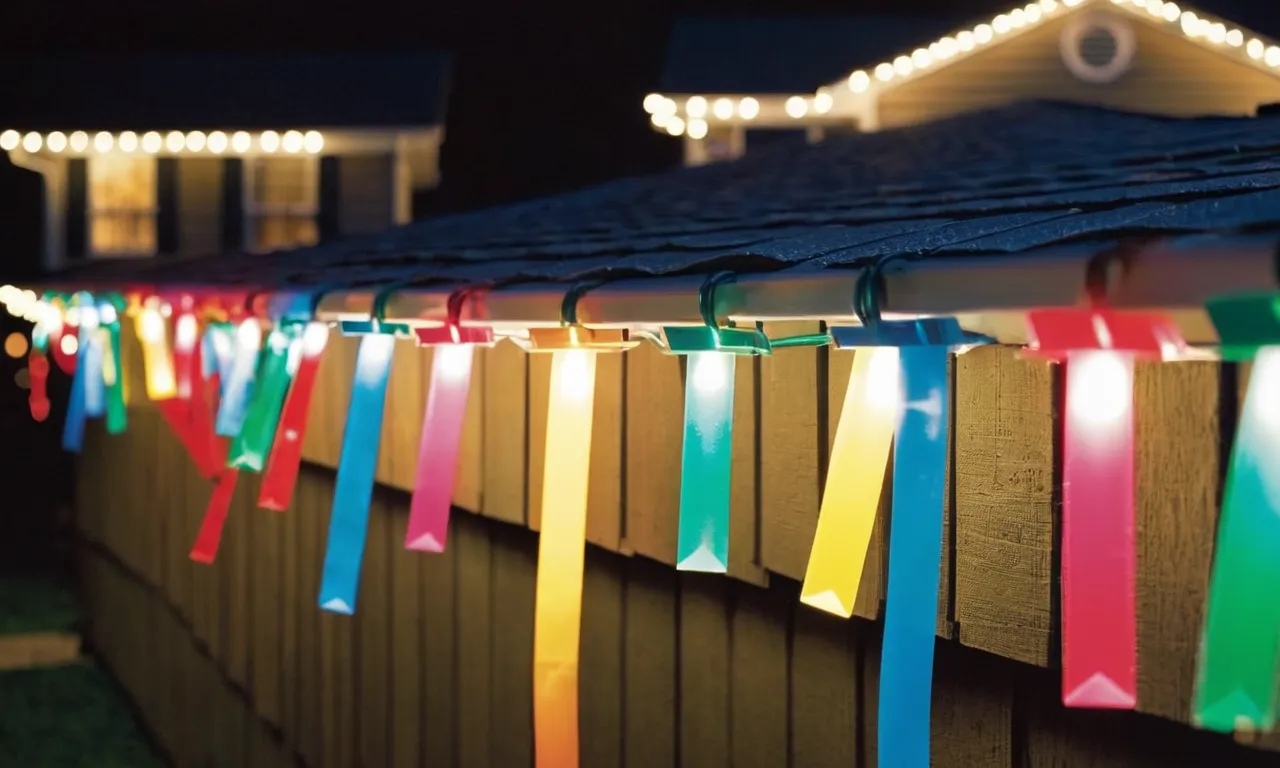 A close-up photo showcasing the durable and efficient best gutter clips for Christmas lights neatly securing colorful strands along the edge of a house, creating a festive and magical ambiance.
