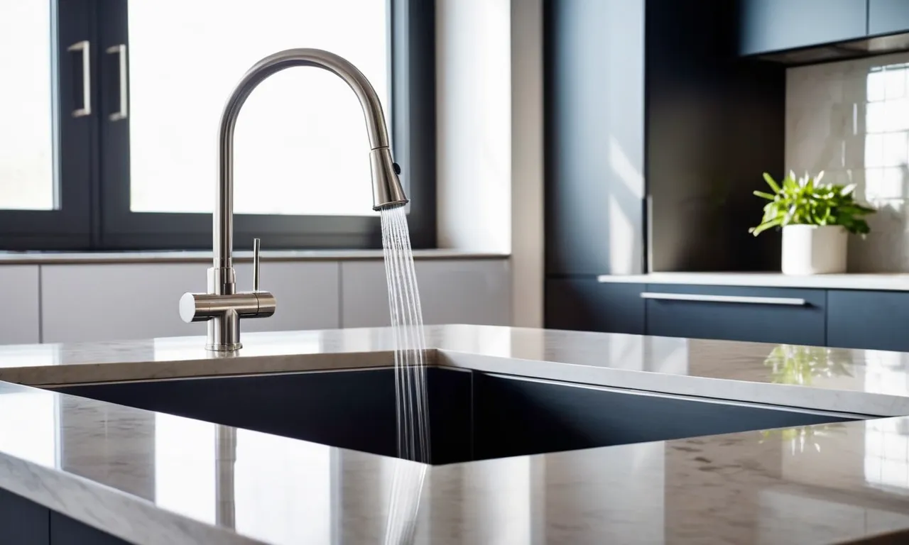 The photograph captures a sleek, modern kitchen faucet with adjustable water pressure settings, ensuring a strong flow even in low water pressure situations.