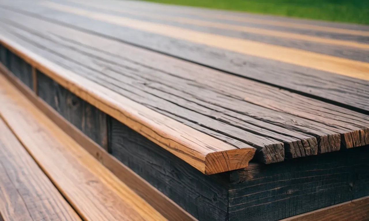 A close-up shot capturing the transformation of weathered wood into a rich, vibrant color after being treated with the best deck stain, showcasing its durability and protection against harsh weather conditions.