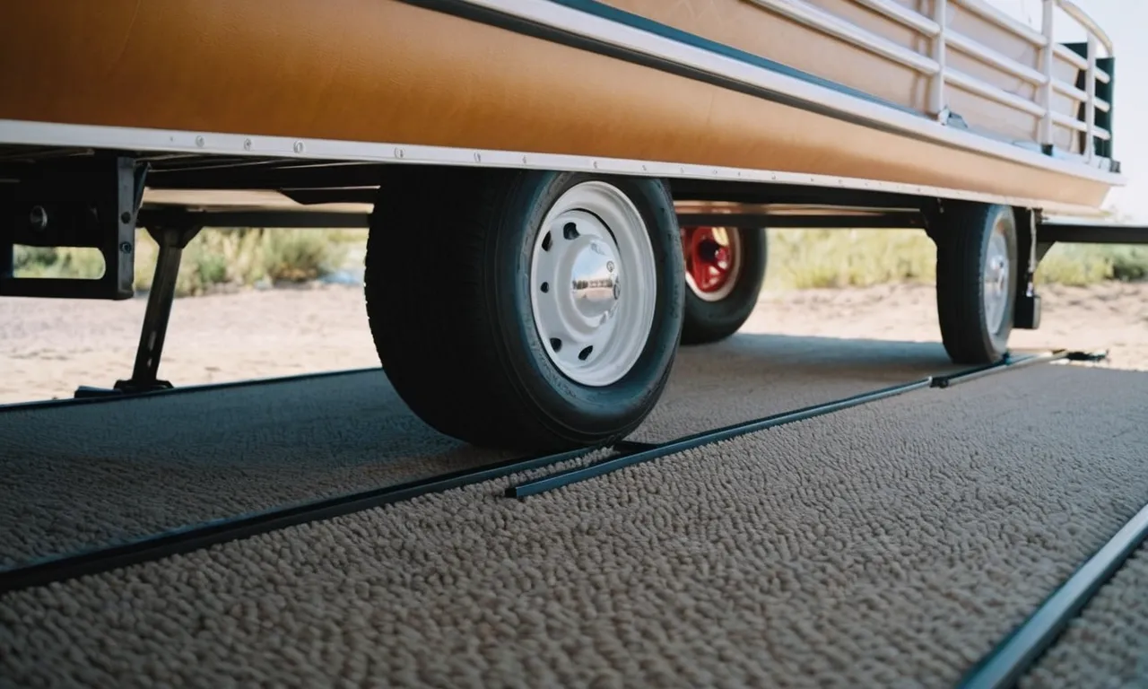 A close-up photograph capturing the sturdy, weather-resistant carpet covering the boat trailer bunks, ensuring optimal support and protection for the boat during transportation on land and water.