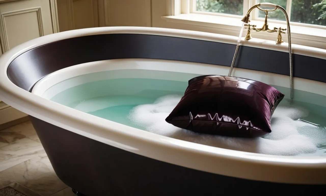 A close-up shot captures a luxurious bath pillow gently resting on the straight back tub, perfectly molded to provide ultimate comfort and support during a relaxing and rejuvenating bath.