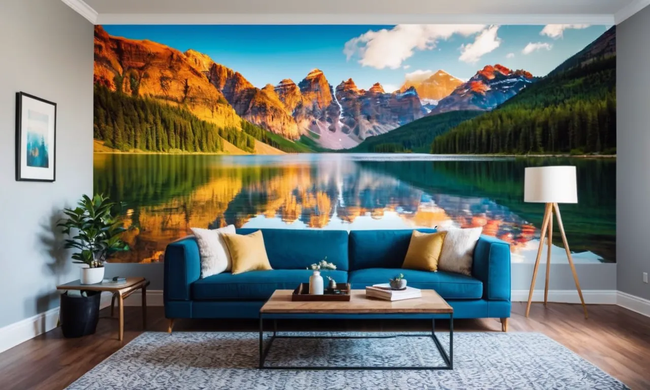 Vibrant and lifelike, the photograph captures a beautifully decorated living room wall adorned with a mesmerizing peel and stick wall mural, transforming the space into an enchanting oasis.