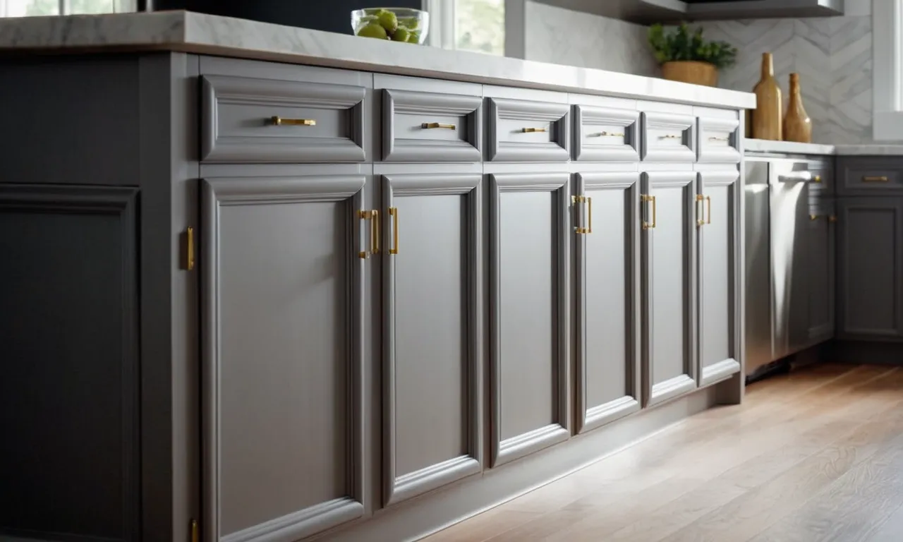 A close-up shot of a sleek, modern kitchen cabinet painted in the perfect shade of gray, beautifully complementing the surrounding decor and exuding an air of sophistication and elegance.