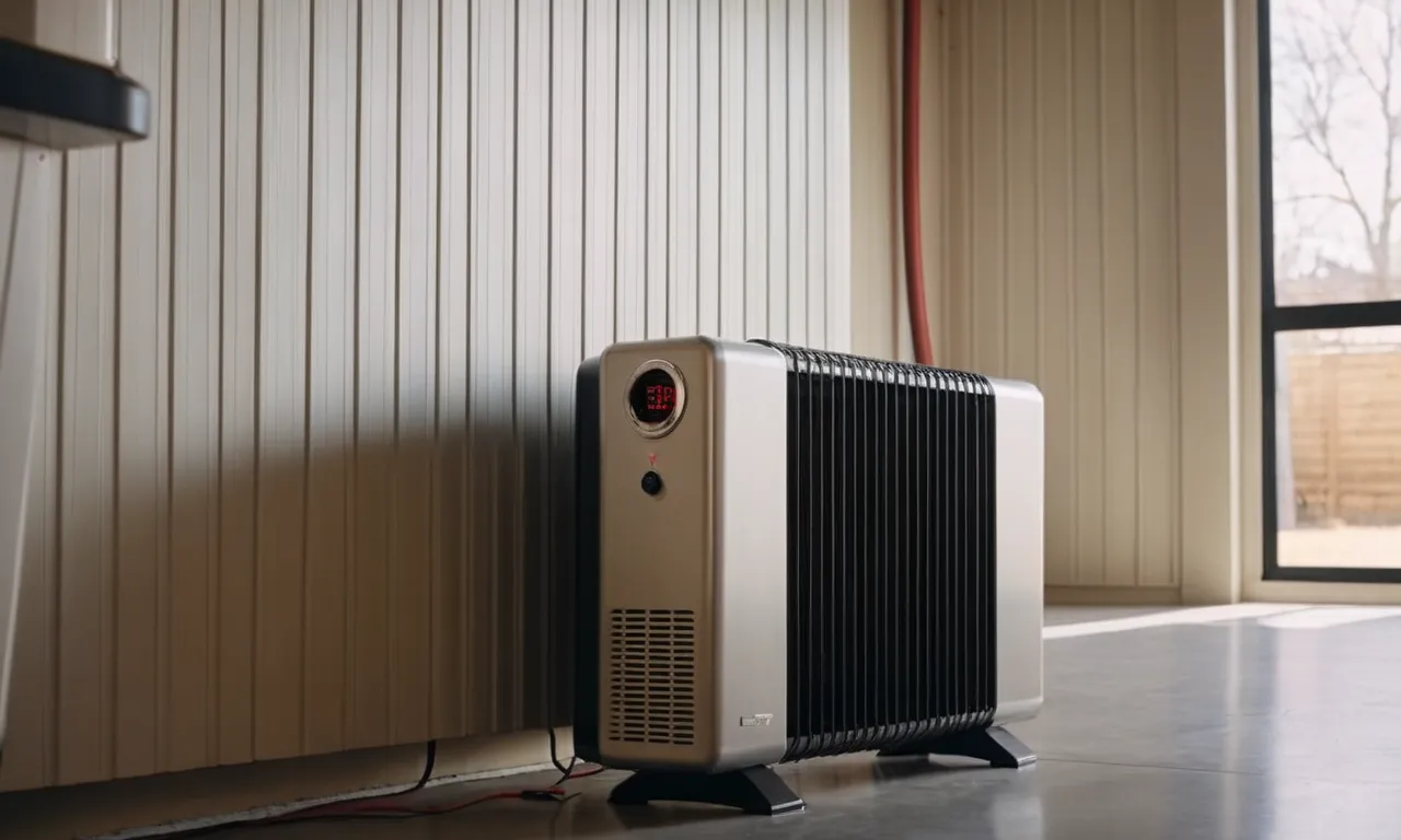 A close-up shot of a sleek, modern electric space heater mounted on a wall in a well-lit garage, emitting warm, comforting rays of heat.