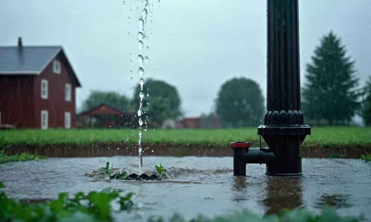 A powerful sump pump, surrounded by pouring raindrops, stands as the ultimate defense against heavy rainfall, symbolizing safety and protection in the face of nature's forces.