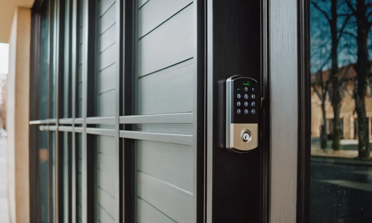 A photo of a sturdy door with a state-of-the-art electronic lock system, providing maximum security for apartment buildings, ensuring peace of mind for residents.