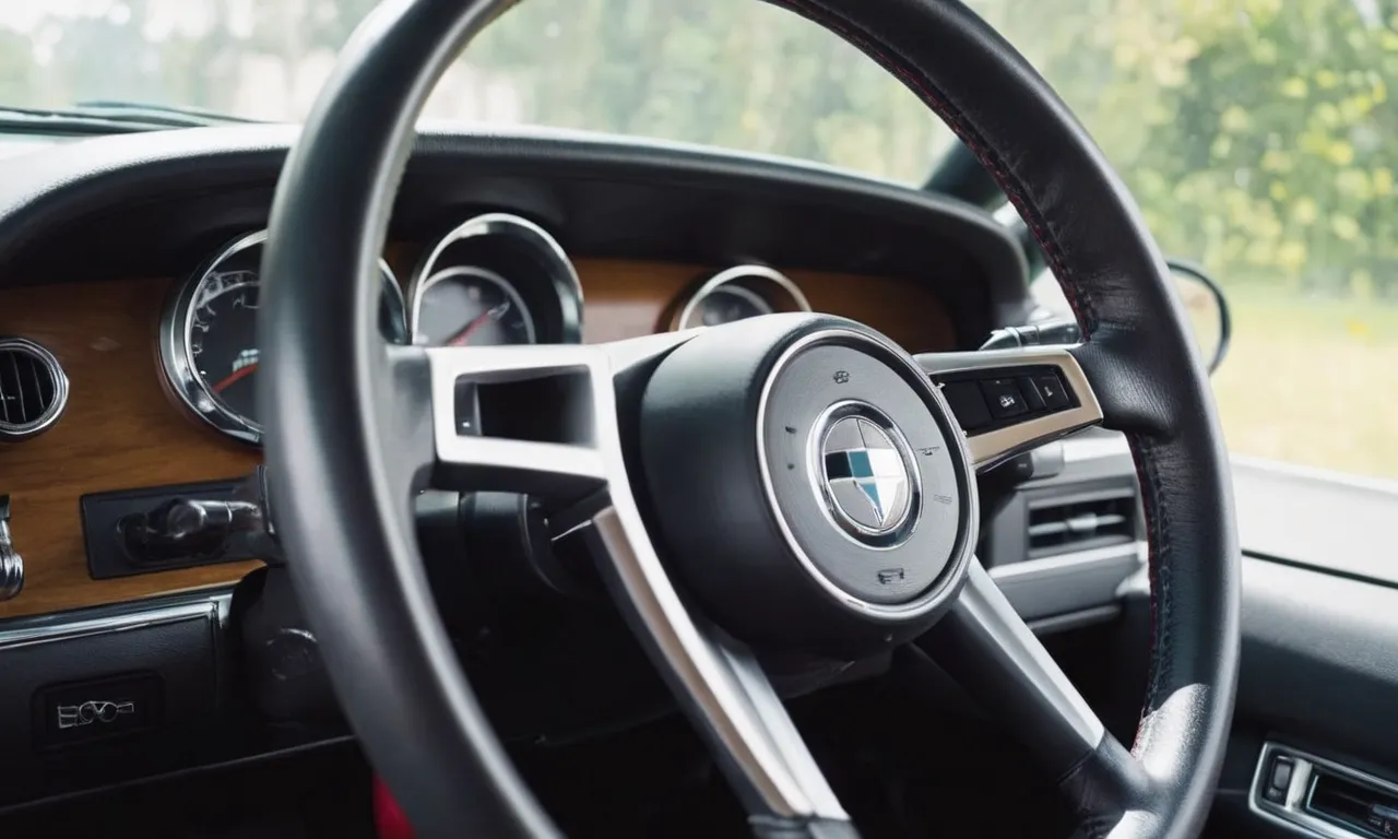 A close-up shot of a car steering wheel with a sturdy and robust anti-theft lock firmly attached, ensuring maximum security and peace of mind.