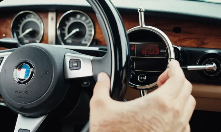 A close-up shot of a sleek, heavy-duty steering wheel lock tightly securing a car's steering wheel, showcasing its robust construction and advanced security features.