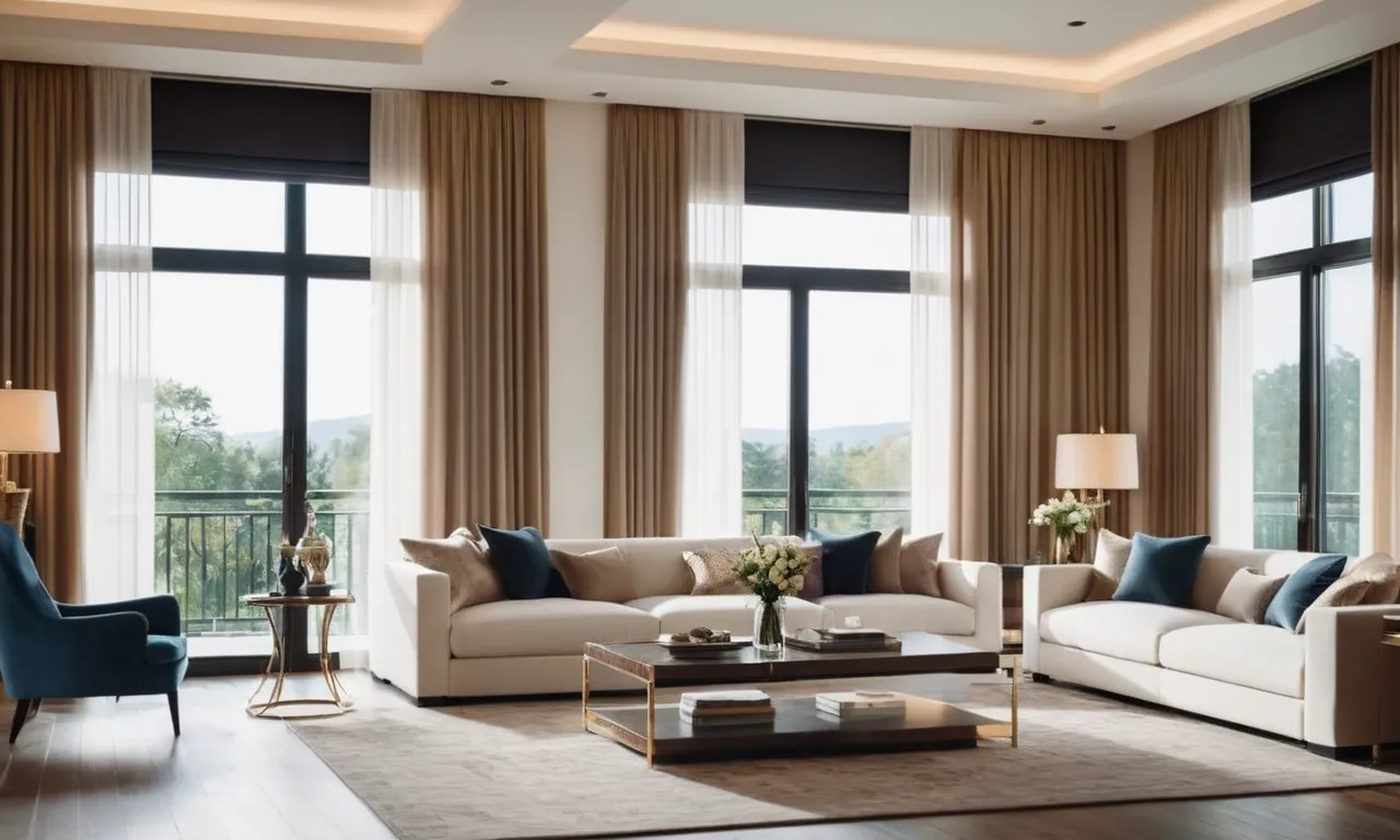 A stunning photo showcasing a spacious living room with floor-to-ceiling windows, beautifully adorned with elegant and light-filtering sheer curtains, providing the perfect balance of privacy and natural light.