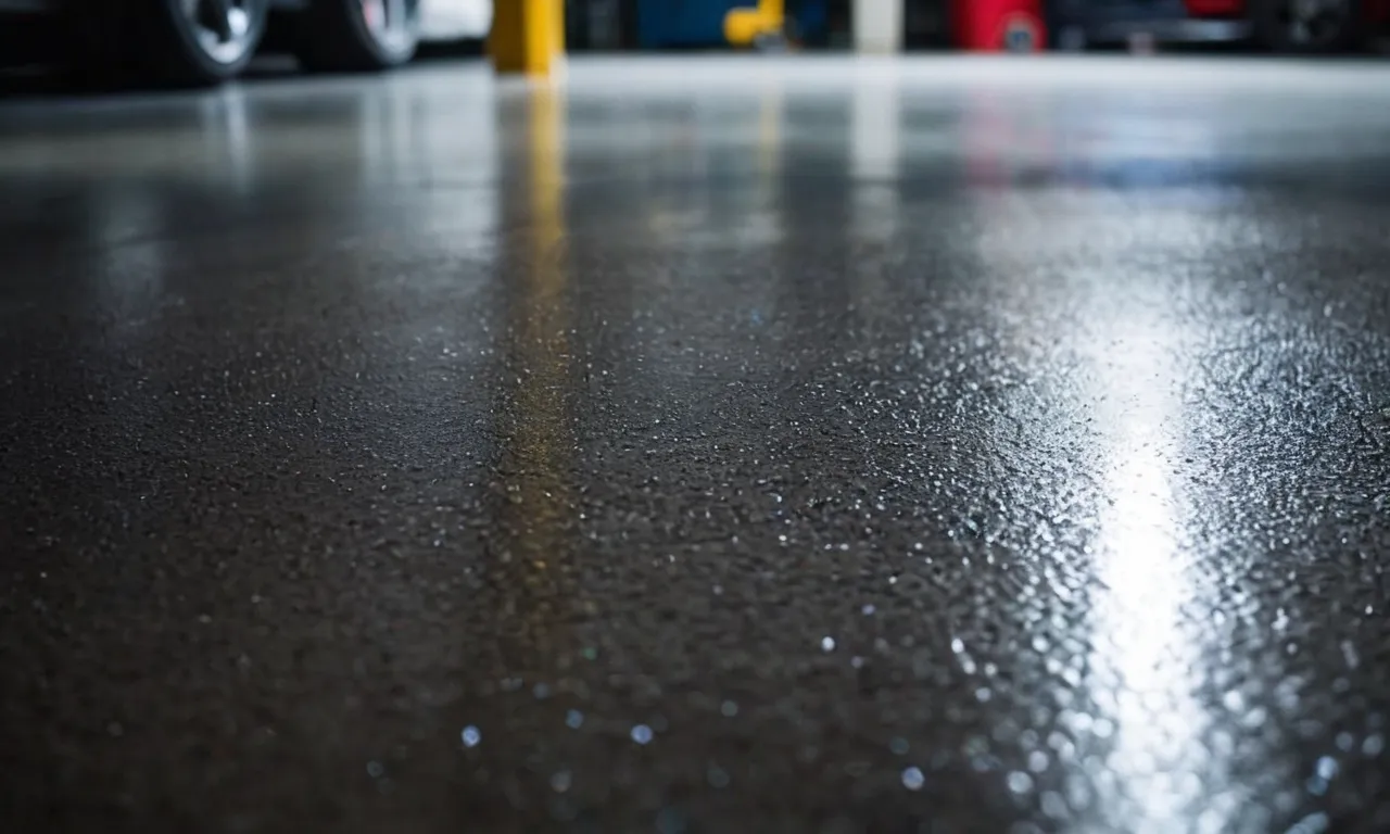 A macro shot capturing the flawless sheen of an epoxy garage floor, showcasing the reflective surface and the smooth finish achieved by applying the best clear coat available.
