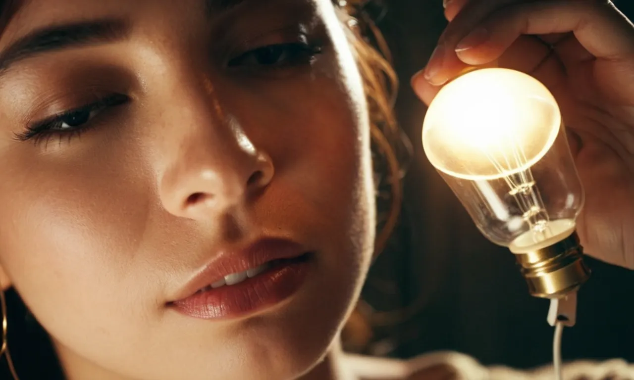 A close-up shot of a person basking in the warm glow of a sun lamp, their face illuminated as they absorb the artificial sunlight, promoting the production of essential vitamin D.