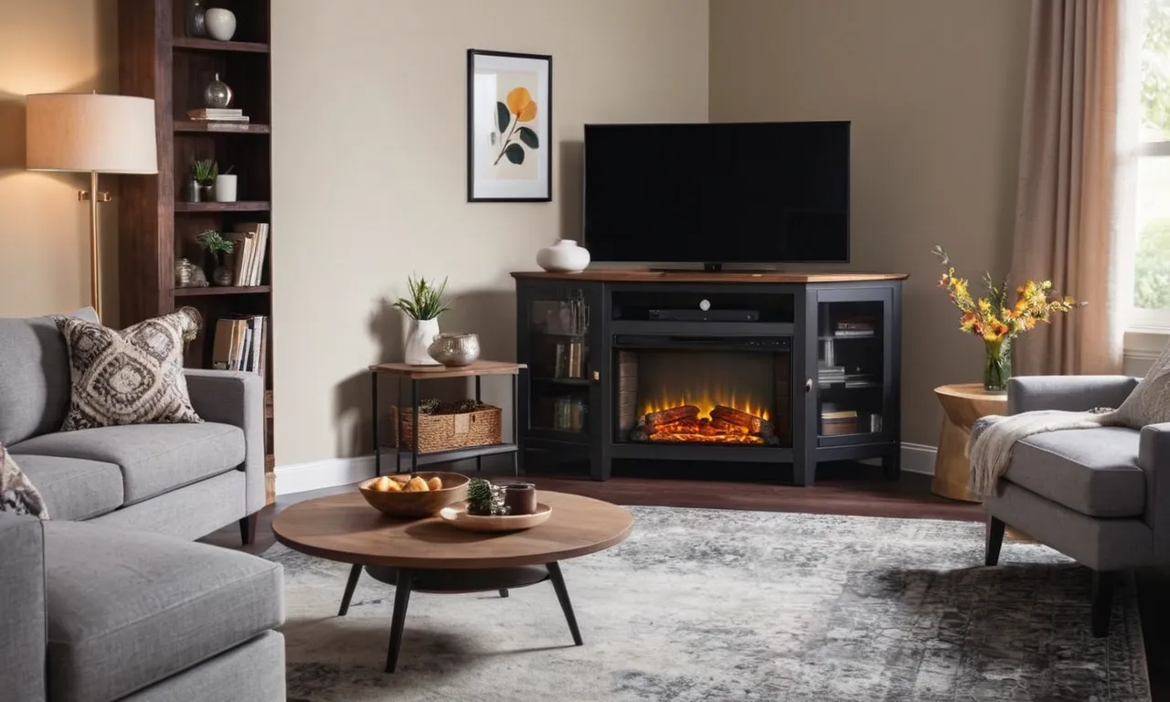 A cozy living room captured in a photograph, showcasing a stylish corner electric fireplace TV stand as the focal point, radiating warmth and sophistication in the space.