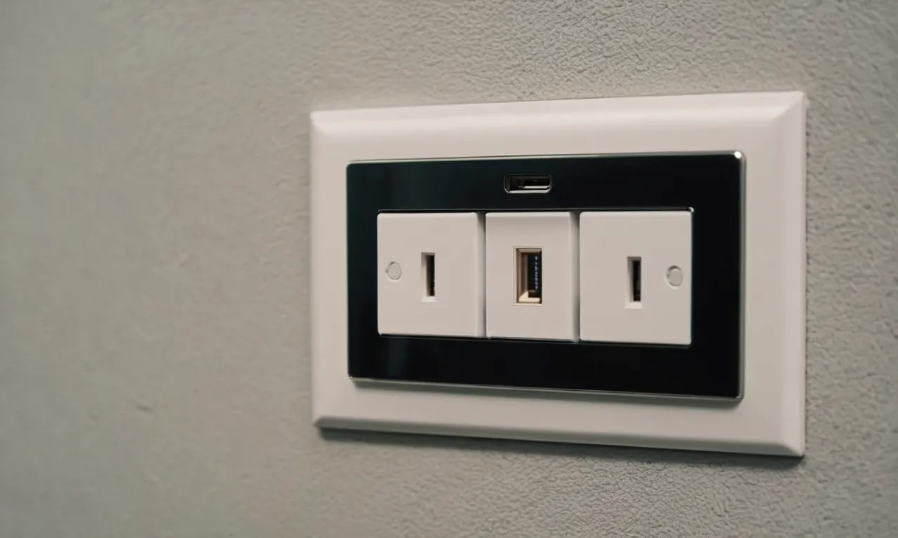 A close-up shot of a sleek, modern electrical outlet with built-in USB ports, perfectly blending functionality and aesthetics for convenient charging solutions.