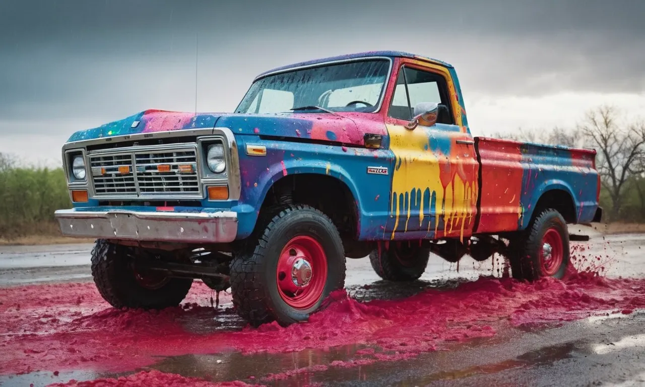 A vibrant image captures a rugged truck drenched in colorful paint splatters, revealing the artist's creativity and skill, leaving viewers curious about the cost of such an eye-catching transformation.