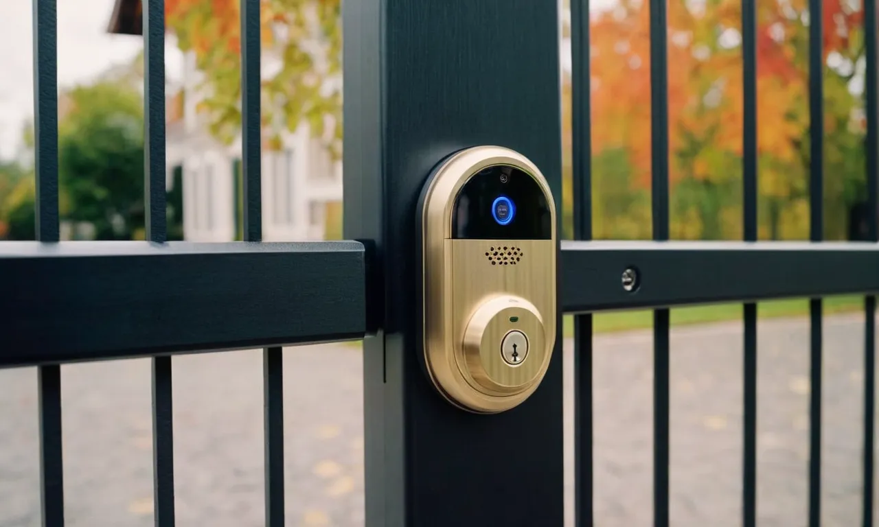 A close-up shot of a sturdy, weather-resistant smart lock on an outdoor gate, showcasing its sleek design, advanced security features, and smartphone app compatibility.