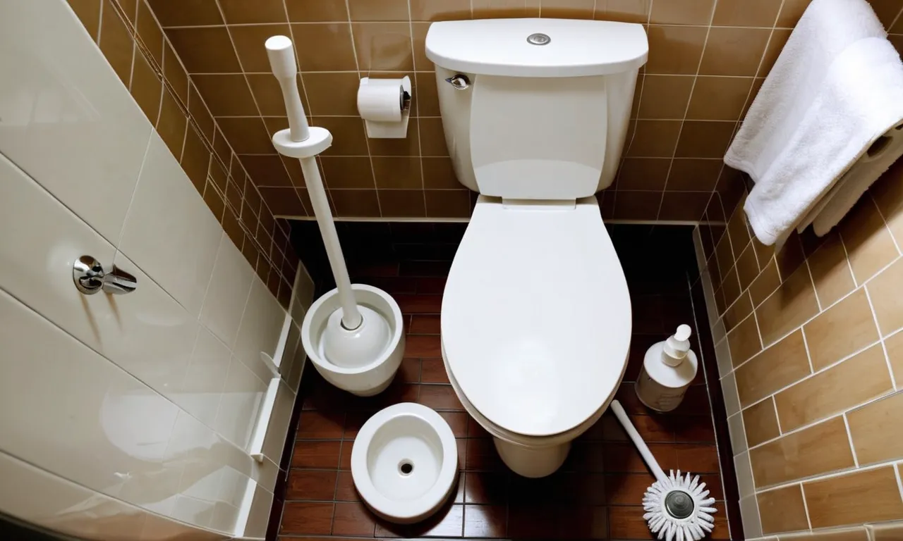 A top-down shot of a pristine white toilet with a matching plunger and brush set neatly placed on the side, showcasing the perfect tools for a clean and hygienic bathroom.