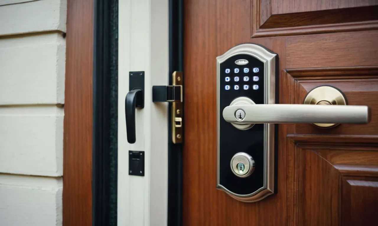 A photo showcasing a sleek, modern keyless door lock installed on the entrance of a rental property, providing convenience, security, and peace of mind for both tenants and property owners.