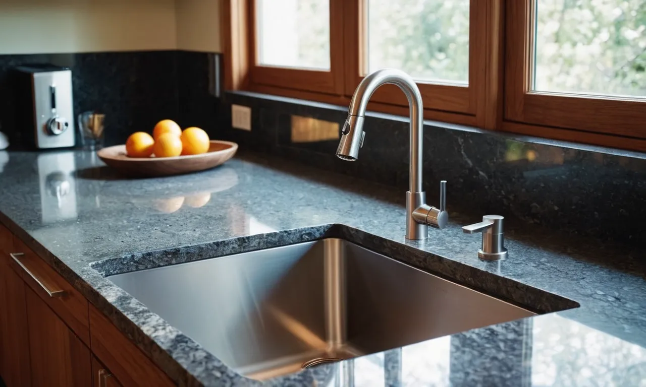 A close-up photo capturing the sleek and seamless design of a granite countertop with a perfectly fitted undermount kitchen sink, showcasing the ideal combination of functionality and aesthetic appeal.