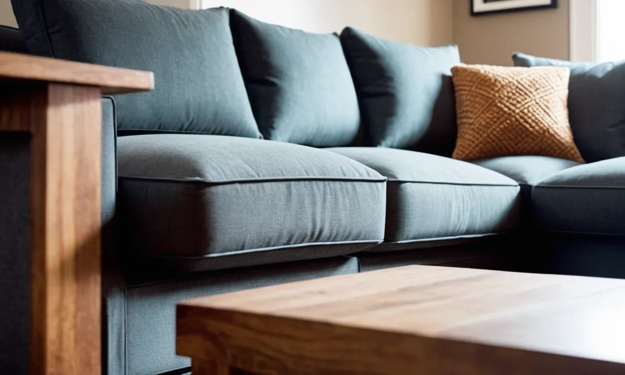 A close-up shot capturing a cozy sectional couch covered in a durable, waterproof fabric specifically designed to protect it from pet hair and stains, showcasing its functionality and stylish appearance.