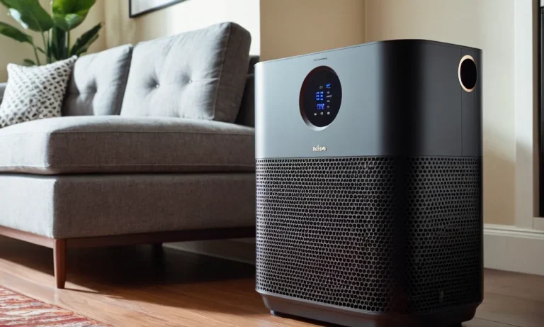 A close-up photo of a sleek, modern air purifier featuring a HEPA and carbon filter, capturing its effectiveness in removing pollutants and ensuring clean, fresh air for a healthier living environment.